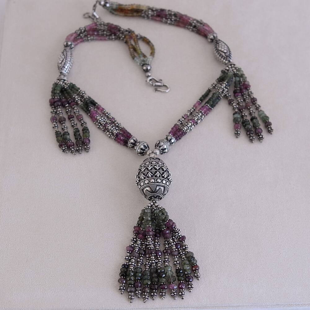 Tourmaline and Sterling Silver Tassel Necklace Multicolor Egg Shape Pendant